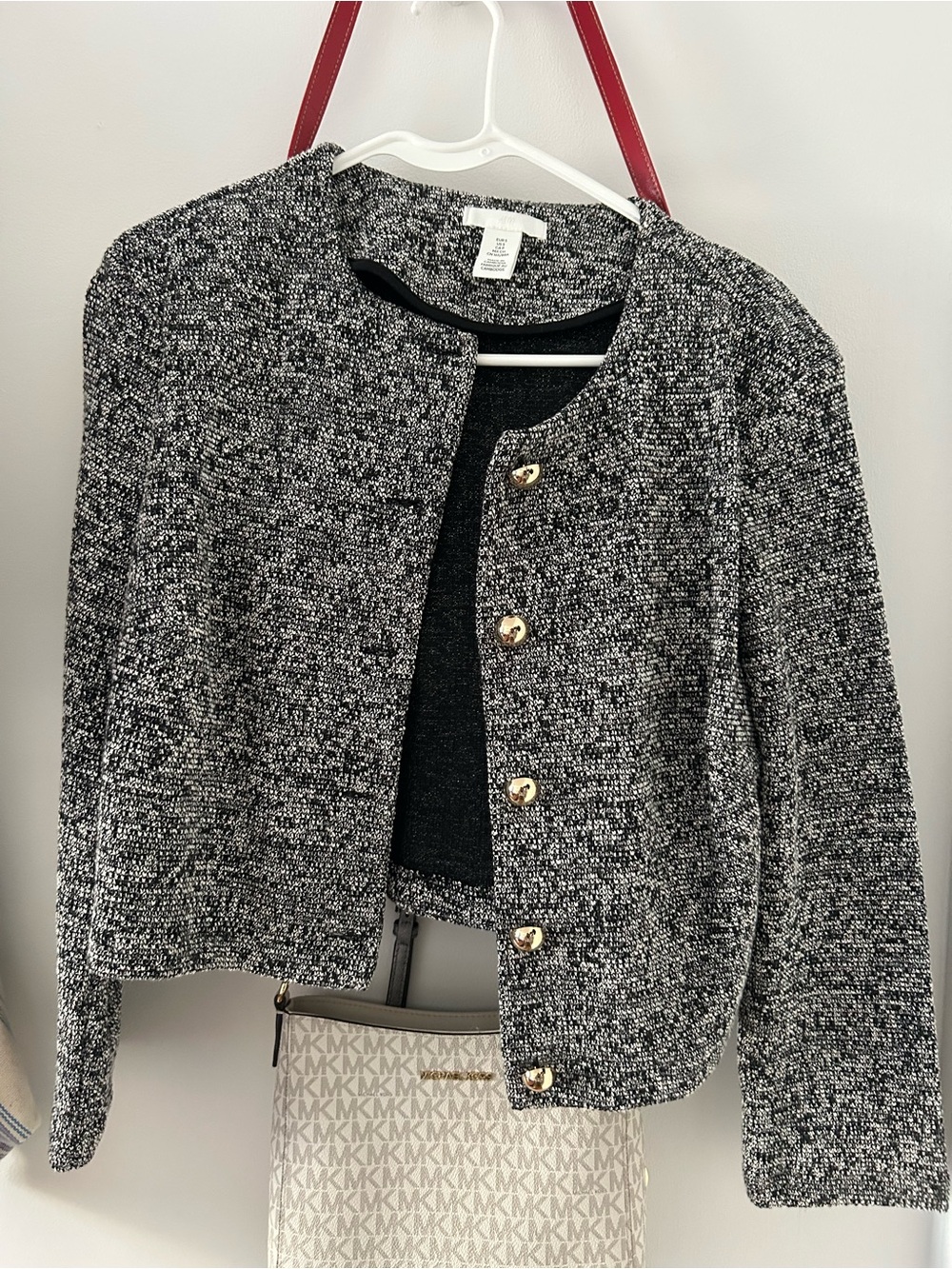 H&M Black & White Tweed Cardigan Sweater - Gold Button Detail
